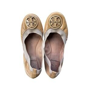 Tory Burch Caroline Ballet Flats Brown Patent Leather Logo Size 5 M Pre-Owned